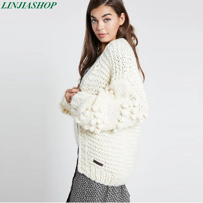 Супершикарный джемпер белый кардиган ручной вязки с длинным рукавом осенне