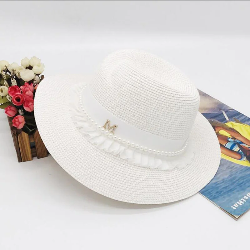 

Off white women's wide brim hat with white lace and Pearl grass nice cool beautiful cute high quality paper straw hats for women