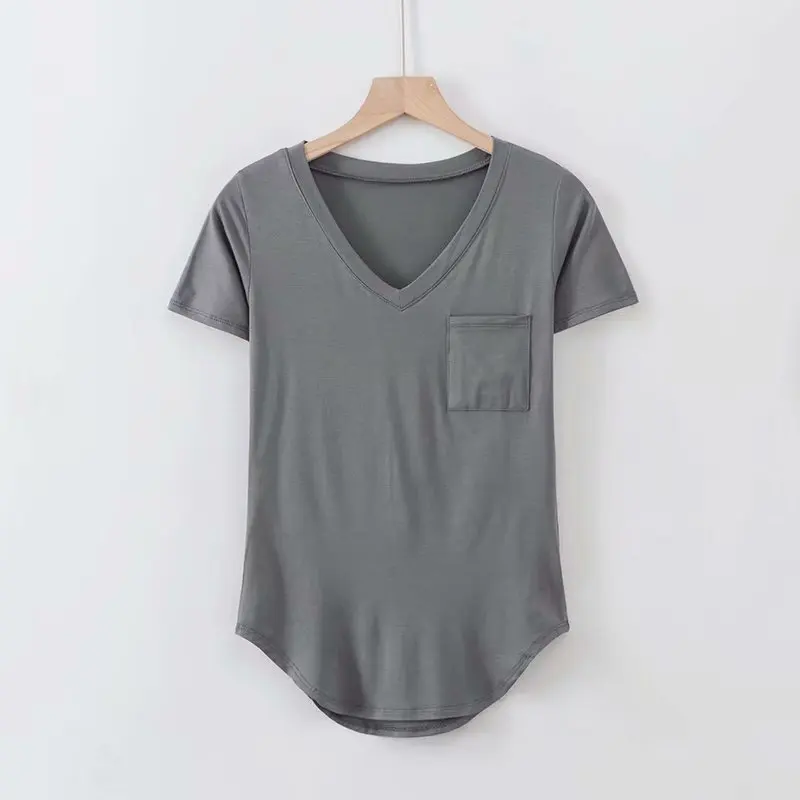 

2021 new solid color curved hem modal stretch slim short-sleeved T-shirt 915