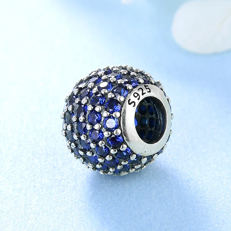 925 Стерлинговое серебро Модный блестящий цирконовый королевский синий творческий DIY круглые бусины Подходит для оригинального европейского подвесного браслета Изготовление ювелирных украшений.