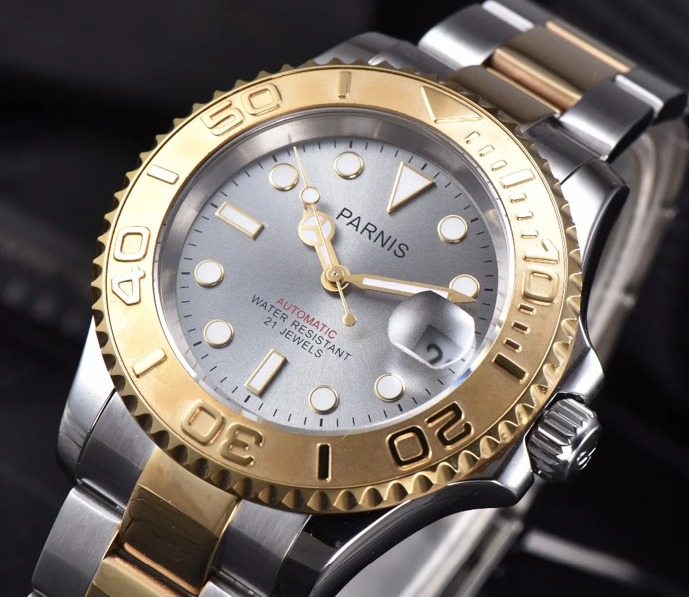 

Parnis 40mm silver case Watch Man Rotating Automatic Watch Folding Clasp Bracelt Calendar 2019 man gift clock top luxury brand