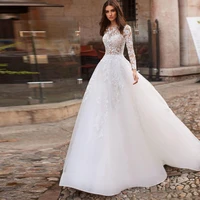 elegant wedding dresses tulle appliques pleat bateau full sleeve covered button a line bridal gowns novia do 2021