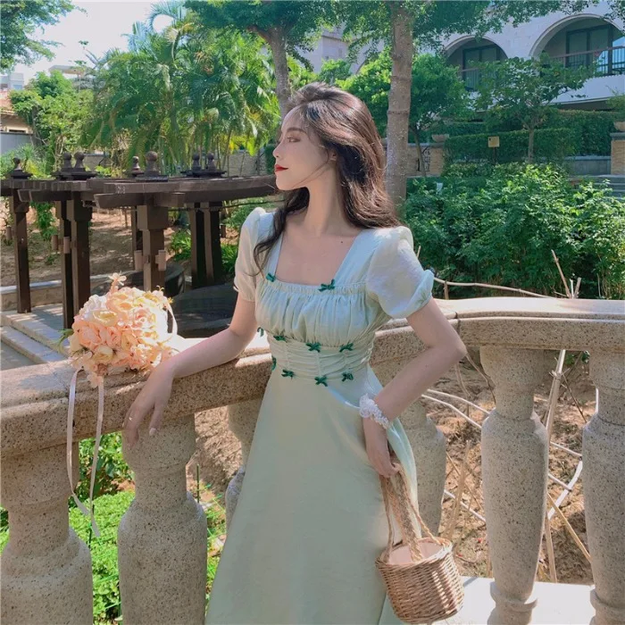 

Summer Prairie Chic Sweet Style Summer Fashion Brand Women Dress Bow Green 2021 New Square Collar A-line Long Dresses Moda