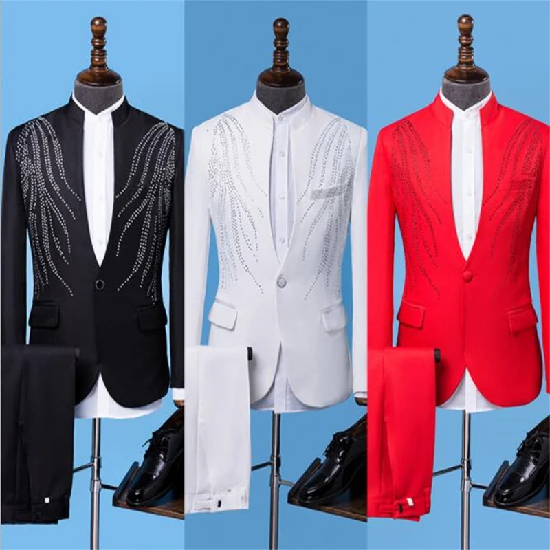 Blazer men groom suit set with pants Stand collar Paste drill mens wedding suits costume singer stage clothing formal dress