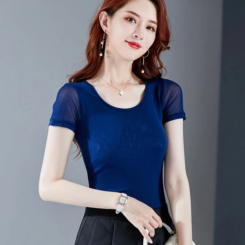 

Short-sleeved T-shirt 2020 Fashion Mesh Tops Slim bottoming shirt Women O-neck Splice Wild Tshirt Female Summer Ladies Clothes