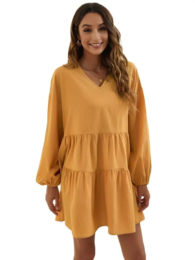 

Autumn Women's Clothing Loose V-neck Simplicity Casual Long Sleeve Dress