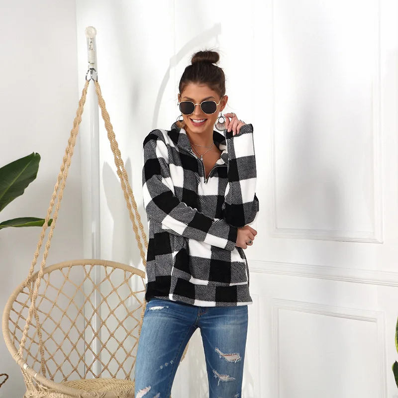 

Plus Size Women Sweatshirts 2021 Autumn Winter Plaid Streetwear Long Sleeve Ladies Stand Collar Pockets Sweatshirt Harajuku Tops