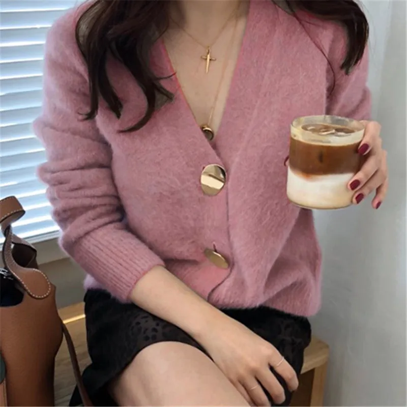 Золотой блестящий однобортный шерстяной женский кардиган с пуговицами