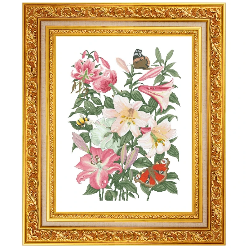 

Lilies and butterfly cross stitch kits flowers pattern design 18ct 14ct 11ct unprint canvas embroidery DIY needlework