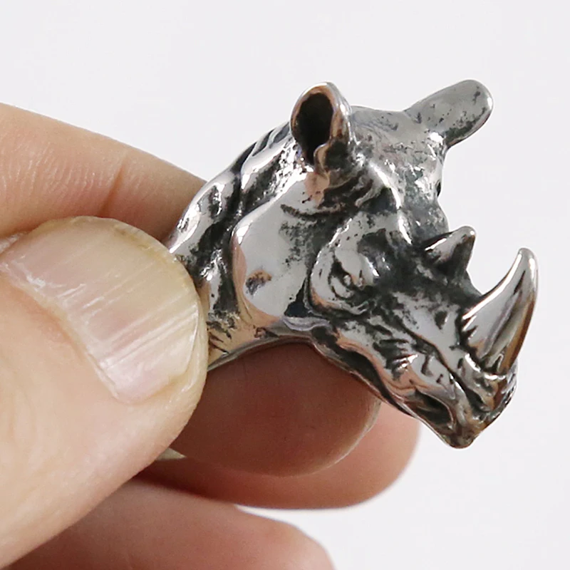 Кольцо мужское из нержавеющей стали с изображением головы носорога и