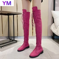 2020 sexy over knee boots women rome lace up boots women flats shoes woman flock long boots botas winter thigh high boots 34 43