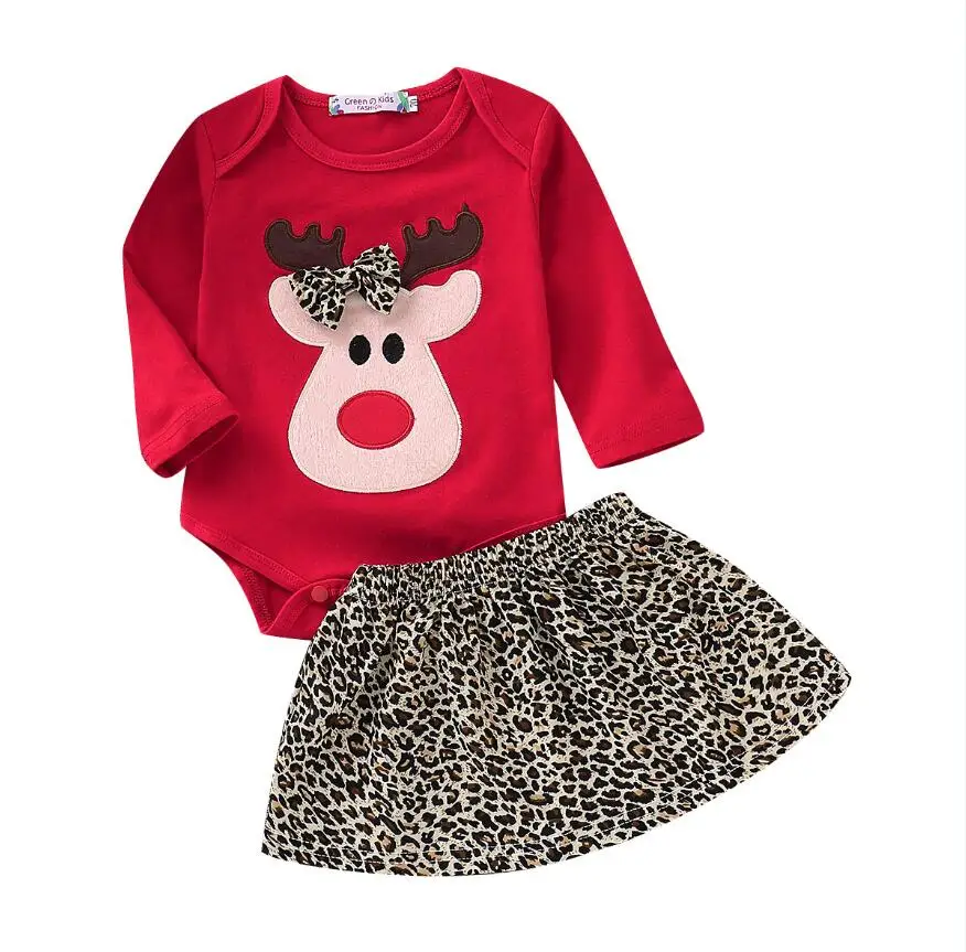 

NEW 2019 Christmas Infant Baby Girl Clothes Bowknot Deer Long Sleeves Romper Leopard Skirt Outfit 2PC set