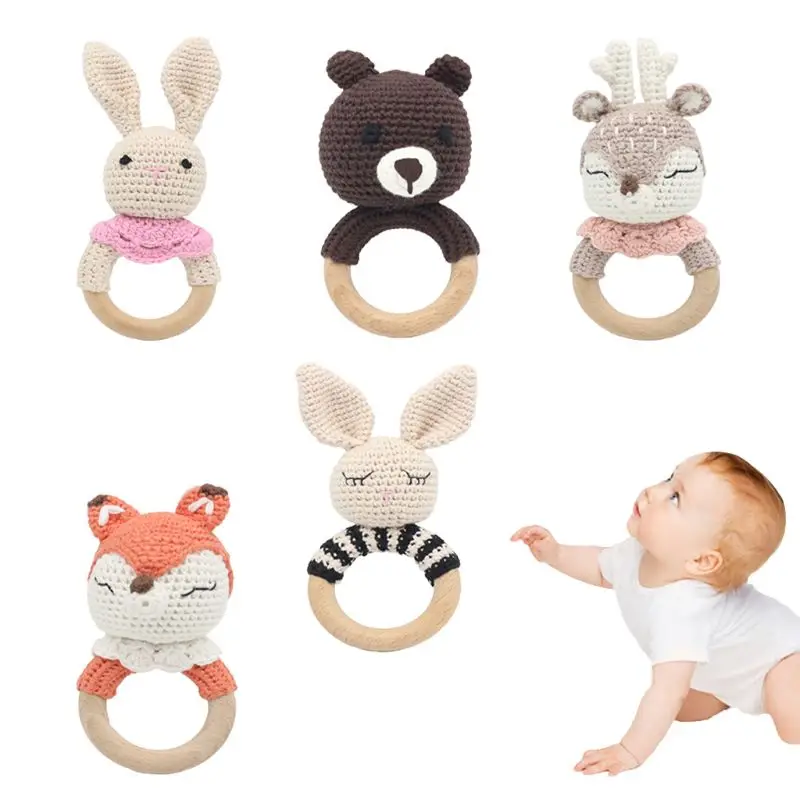 

Crochet Wooden Ring Baby Teether Animal Rattle Chewing Teething Nursing Soother