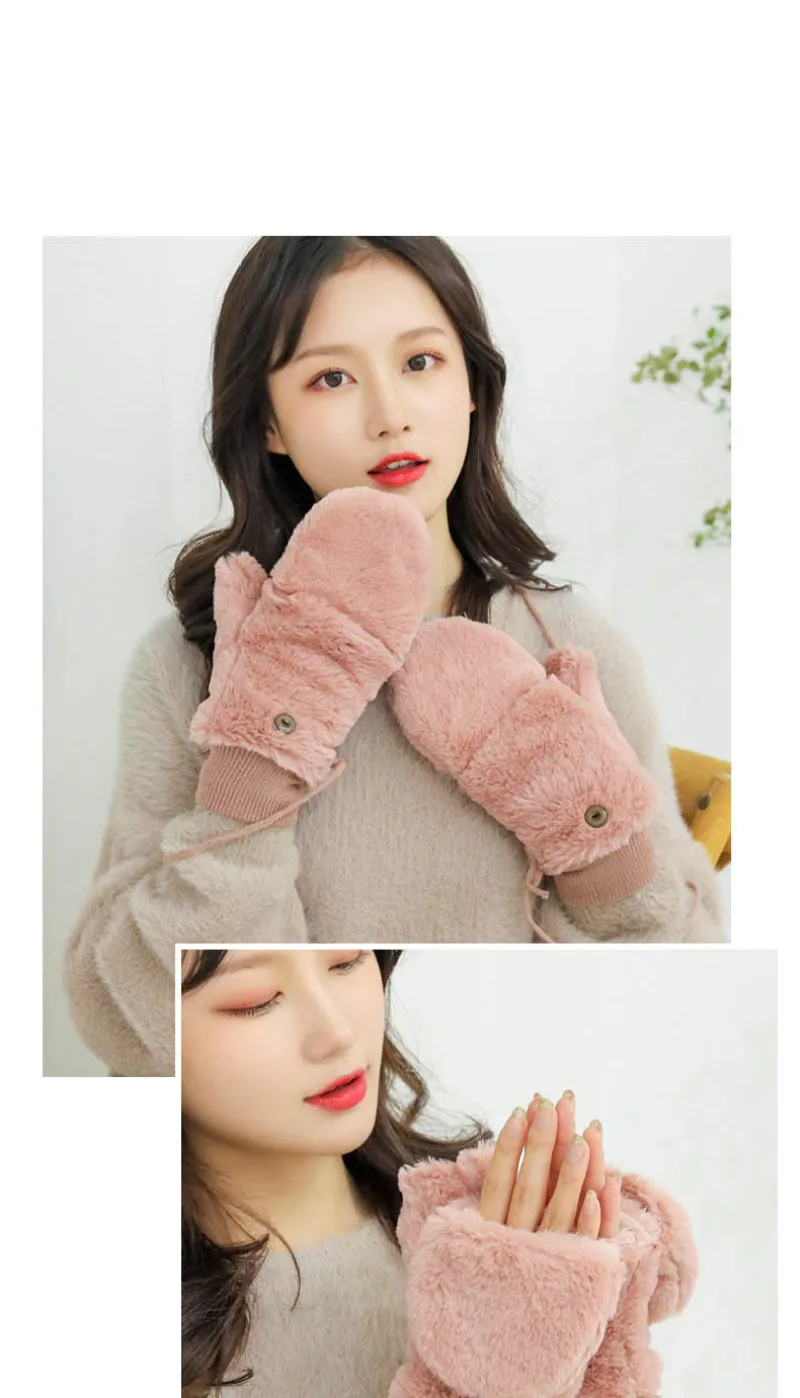 Women Winter Keep Warm Plus Cashmere Thicken Cute Lovely Solid Mittens Full Finger Flip Gloves Outdoor Cycling Windproof Soft