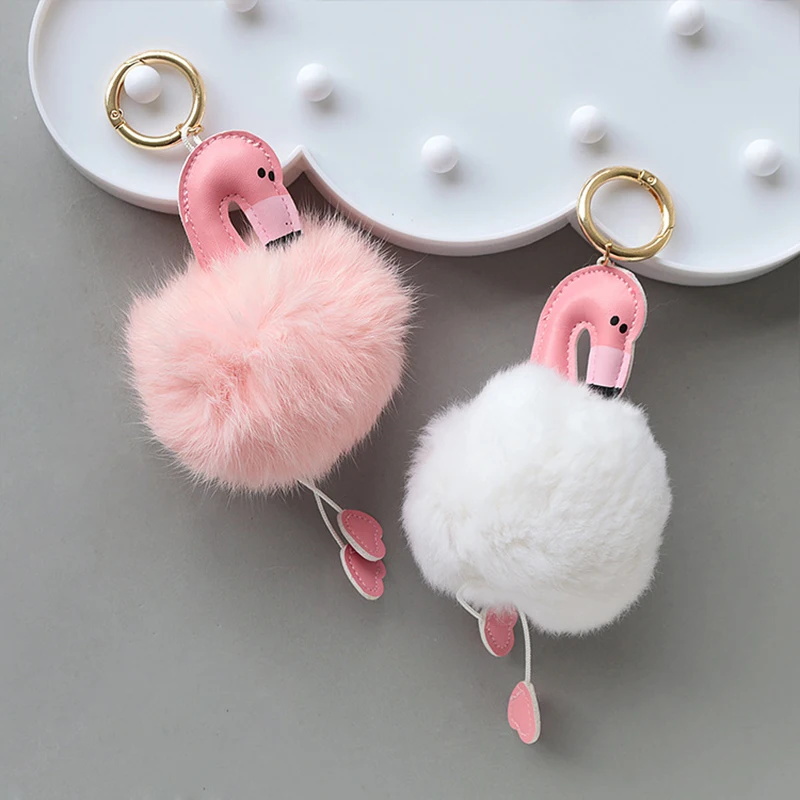 ZLJQ Fluffy Unicorn Flamingo Keychain Chrismas Animal Cute Luxury Pom Style Plush Ball Pendant Key Ring for Birthday Party images - 6