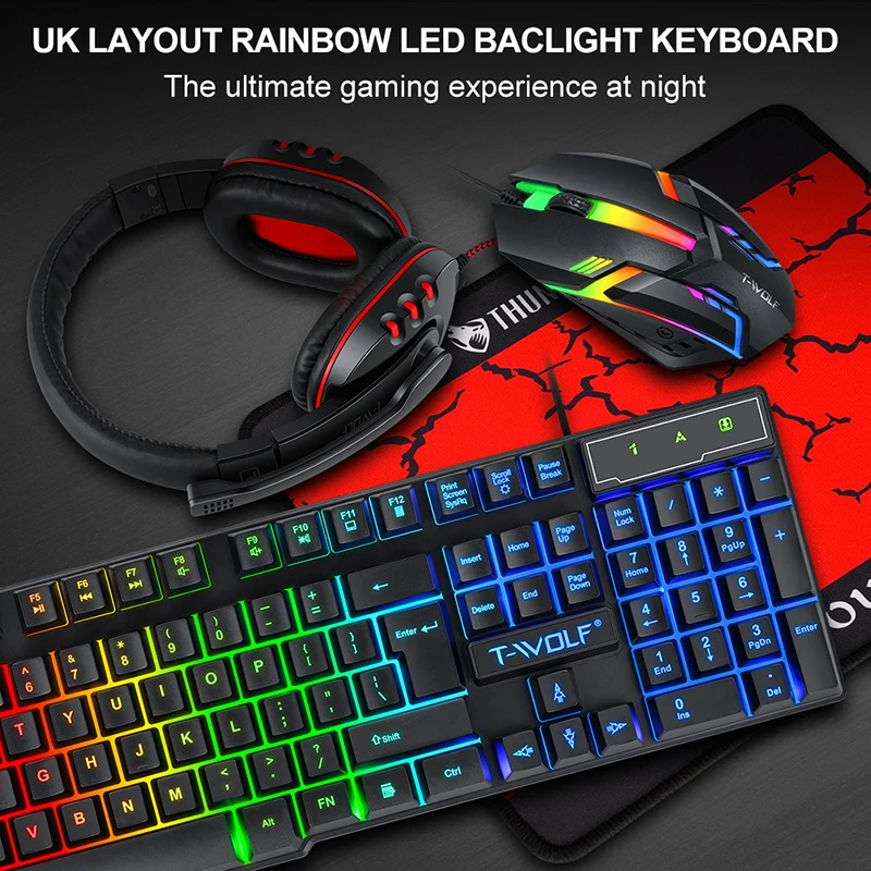 RGB игровая клавиатура и мышь для ПК Игровая с подсветкой резиновыми колпачками