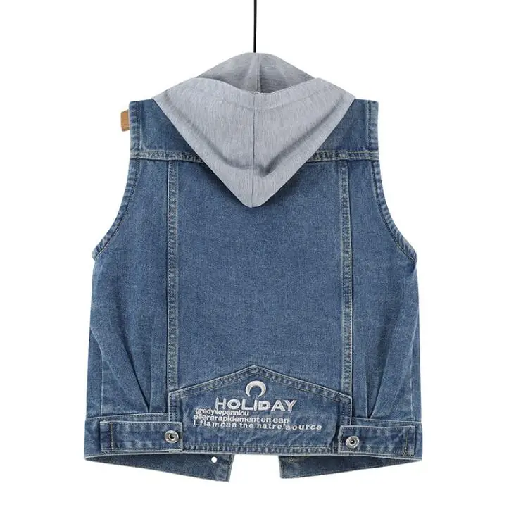 2020 new female denim vest jacket big yards short paragraph hooded pocket sleeveless | Женская одежда