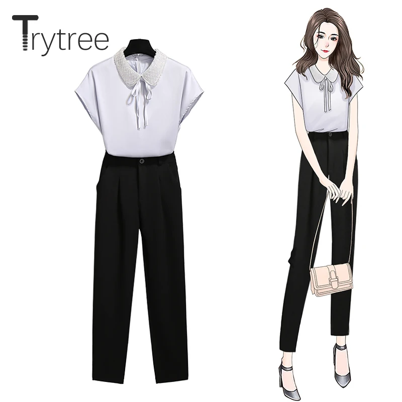 

Летний женский комплект из двух предметов Trytree, повседневная кружевная рубашка с отложным воротником и бантом + брюки до щиколотки с кармана...