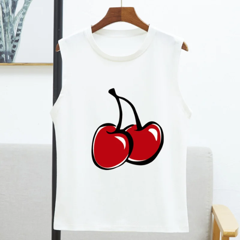 

2021 Summer Fashion Tops Women Sleeveless Print Cherry T Shirts Casual Tank Top Pink Blue Brand T-Shirts O Neck Vogue Tees
