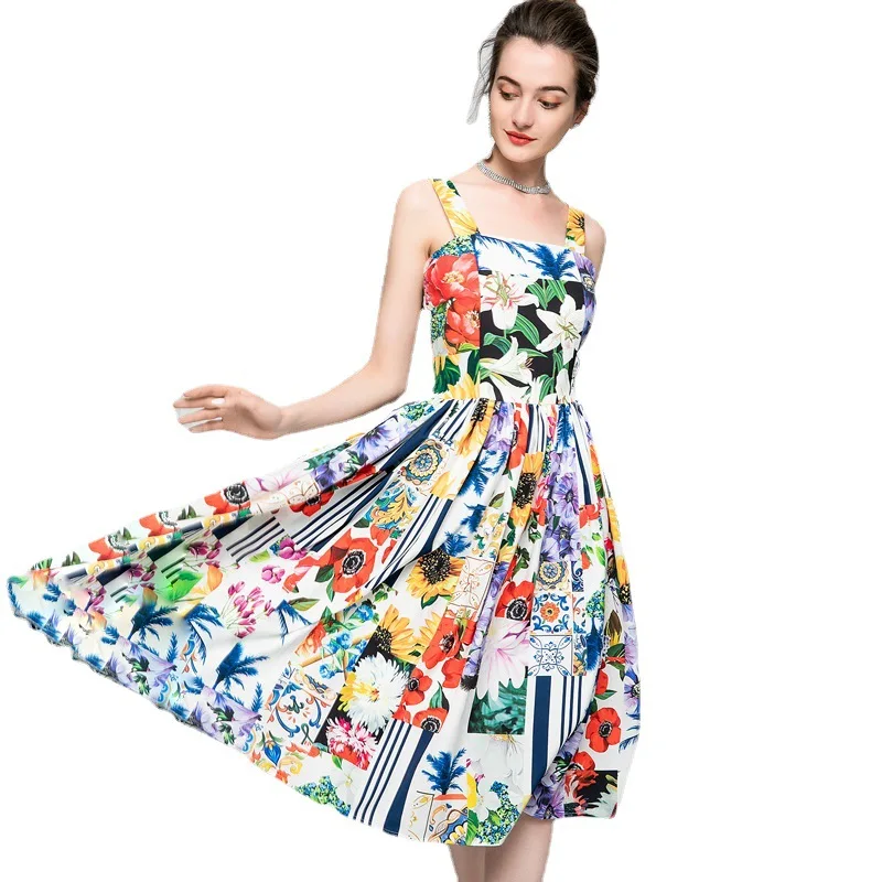 

New 2021 fashion Women spring summer dress designer mix floral print spaghetti strap holiday sexy dresses sundress