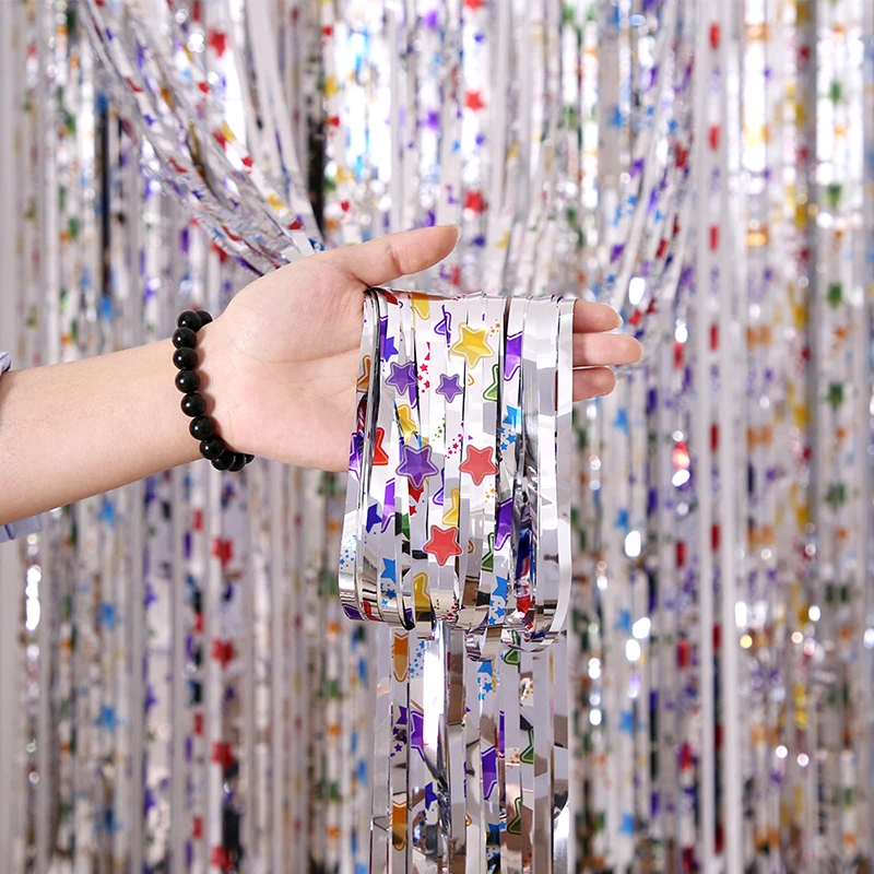 

2M Mirror Silver Star Foil Tinsel Curtain Bachelorotte Party Backdrop Birthday Party Decoration For Home Wedding Decor Backdrop