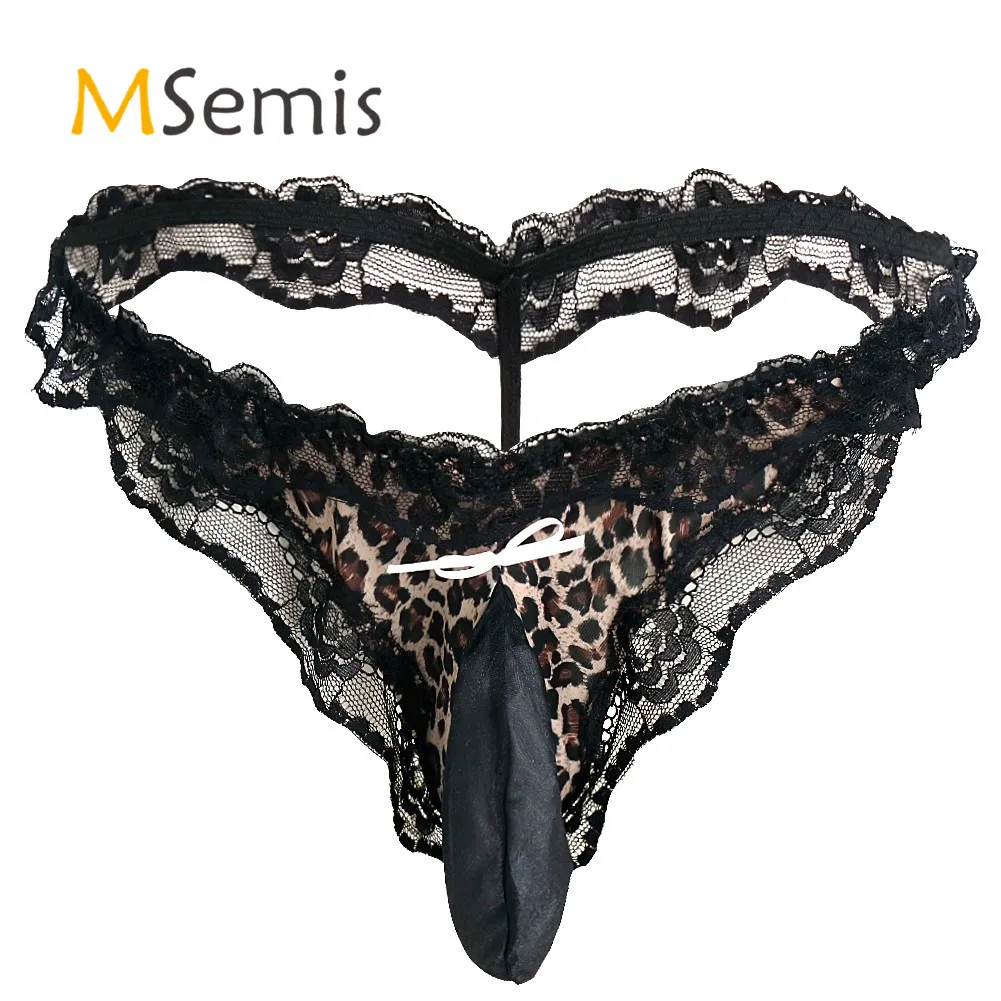 

Sexy Mens Stretch G-string Thong Panties Mesh Patched Front with Lace Ruffles Bulge Pouch Briefs Open Butt Gay Underwear