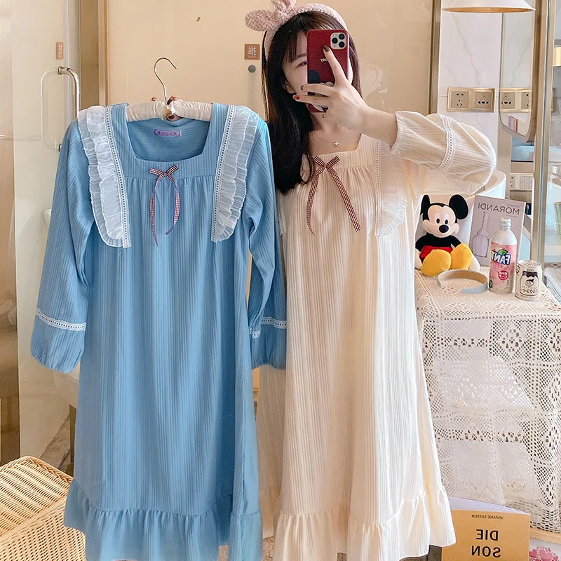 2021 Spring and Autumn New Nightdress Women's Cotton Long Sleeve Fashion Lovely Princess Romantic Home Wear Sleepwear Women