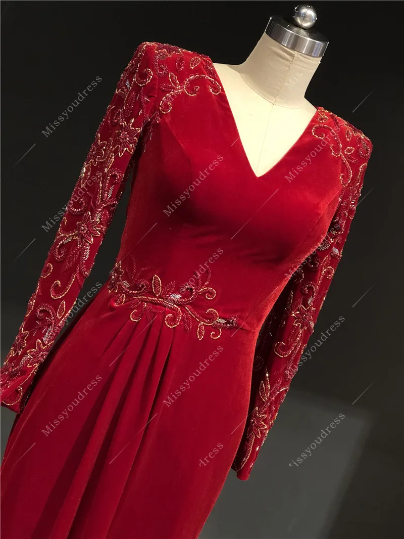 Red Velvet Customized Made Real Photos Heavy Beads Full Sleeves Straight Floor Length Evening Party Prom Dance Dress Gown