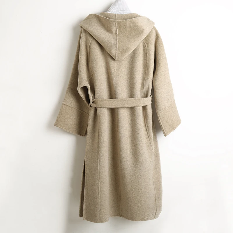 Женское кашемировое пальто длинное двухстороннее синее из 100% кашемира с