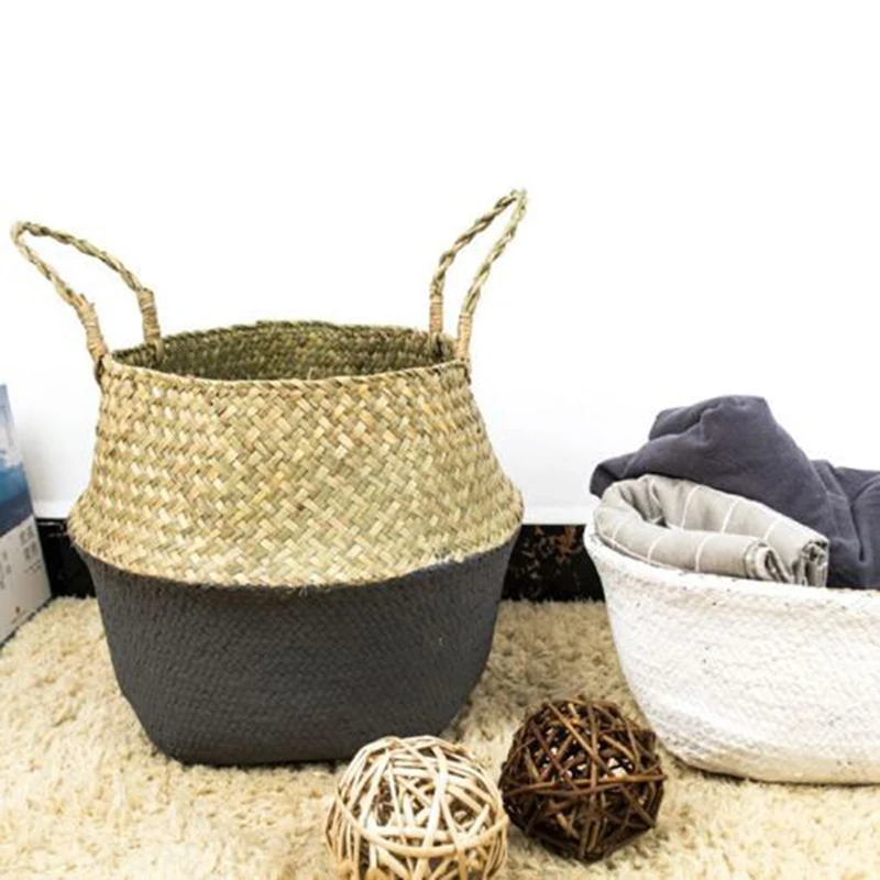 

New Bamboo Storage Baskets Foldable Laundry Straw Patchwork Wicker Rattan Seagrass Belly Garden Flower Pot Planter Basket