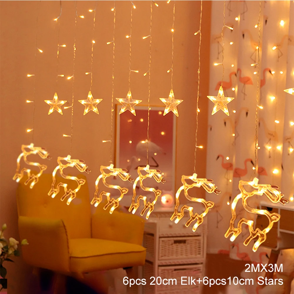 

Светодиодный ная Гирлянда-занавес в виде оленя, Рождественский домашний декор, празднисветильник щение для свадьбы, Рамадана, звезды