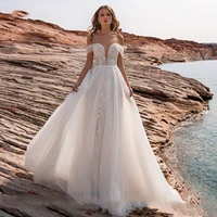 beach wedding dresses off the shoulder puffy a line graceful lace boho bridal gown fairy long train princess wedding gowns 2021
