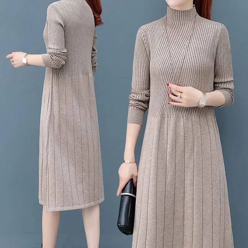 

Women's High-Neck Knee-Length Knitted Dress Sweater New Style for Autumn and Winter Slim-Fit Thicken Mid-Length Base Skirt
