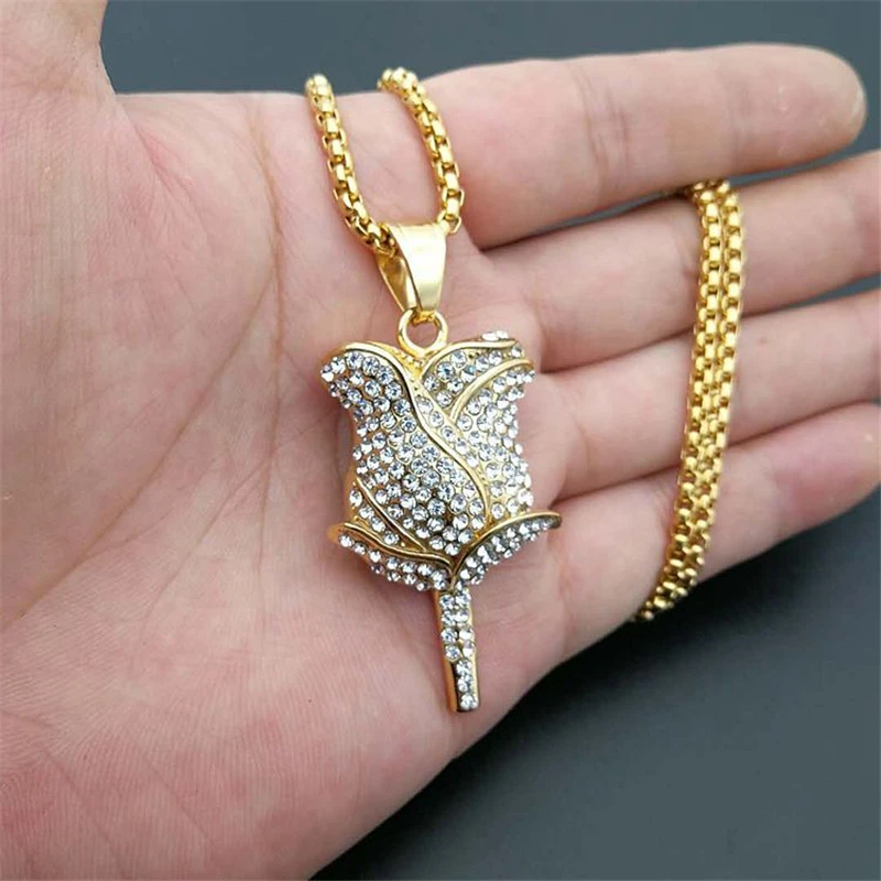 

Luxury Stainless Steel Chain Necklaces For Women Jewelry Punk Gothic Rose Flower Pendant Necklace With Cubic Zirconia Collar