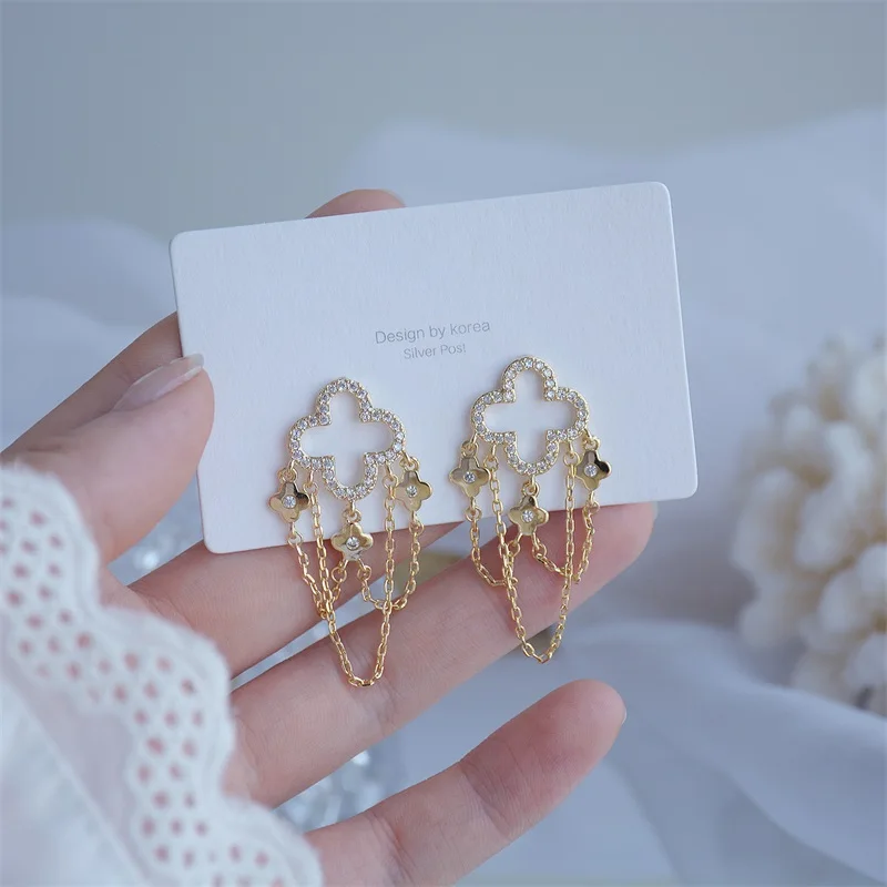 

2021 Korean Flowers Tassel Dangle Earrings for Women Girls Luxury Micro-inlaid AAA Zircon Drop Earring S925 Needle Jewelry