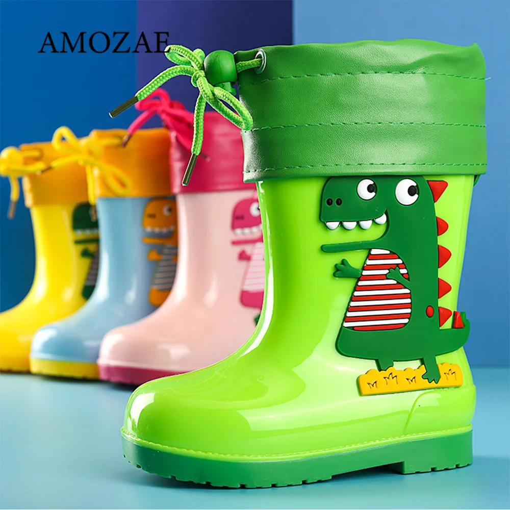 

Kids Rainboots Girl Cute 3D Dinosaur Boys Boots Children's Rain Boots All Seasons Plush Warm Ankle Waterproof Toddler Shoes