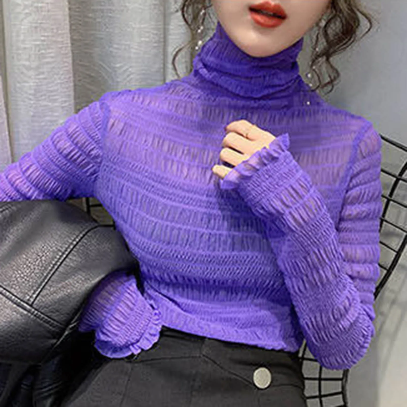 

Women Autumn Solid Color Heap Collar Slim Blouse See Through Sheer Base T-shirt
