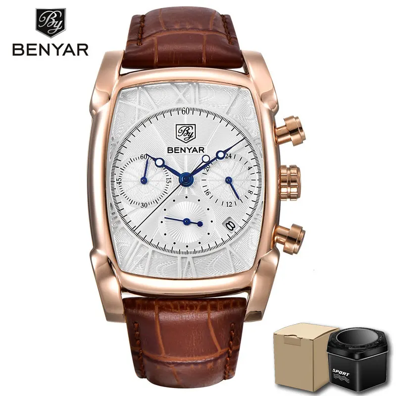 

Classic Brown Leather Quartz Mens Watches Top Brand Luxury 3 Sub-dial 6 Hands Date Fashion Sport Chronograph Wristwatch With Box