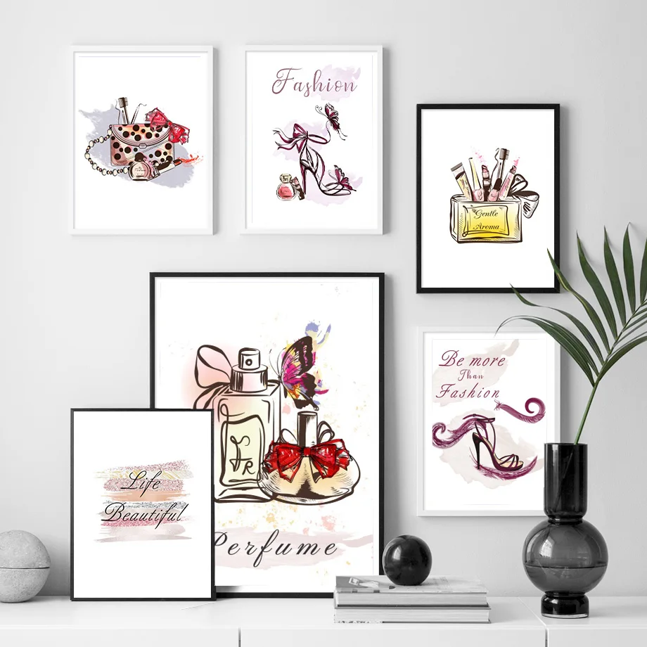 

Fashion Perfume High Heels Poster Bag Makeup Letter Print Canvas Art Painting Wall Picture Modern Girl Room Home Decoration