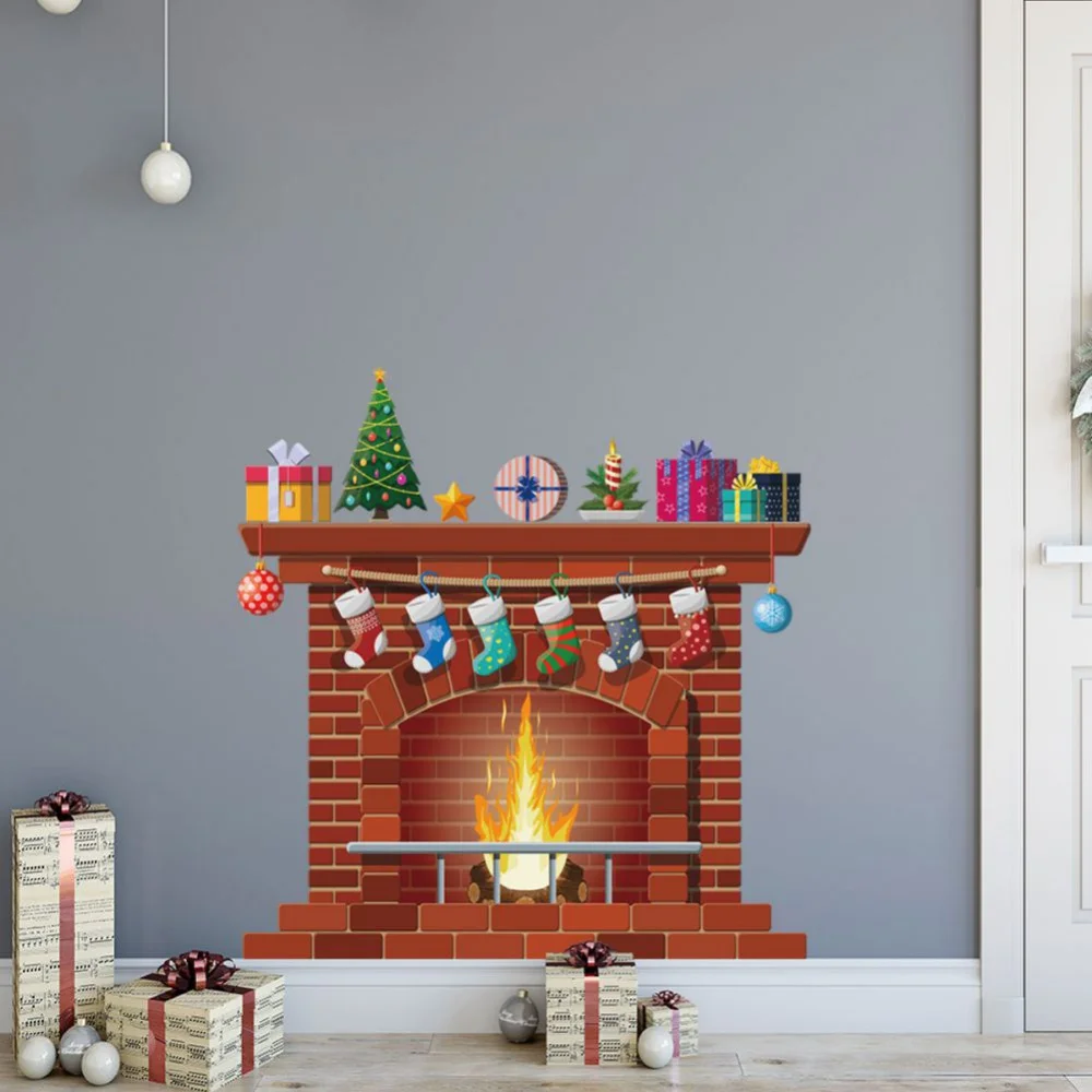 

Christmas Fireplace Wall Sticker Christmas Socks Removable Window Glass Door Decal DIY Santa Decal 2022 Xmas Decor Mural