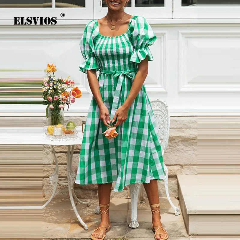 

Spring Summer Women Sweet Square Collar New Plaid Printed Dress Fashion Puff Sleeves Casual Lace-up Dress Holiday Party Dresses