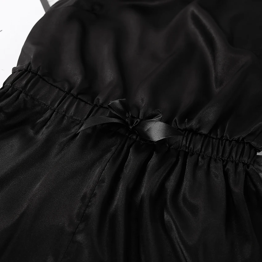 

HiLoc Black Lace Pijamas Women Sexy Onesie Splicing Satin Sleepwear Backless Hollow Out Playsuit Bow Onesies Pajamas Romper 2021