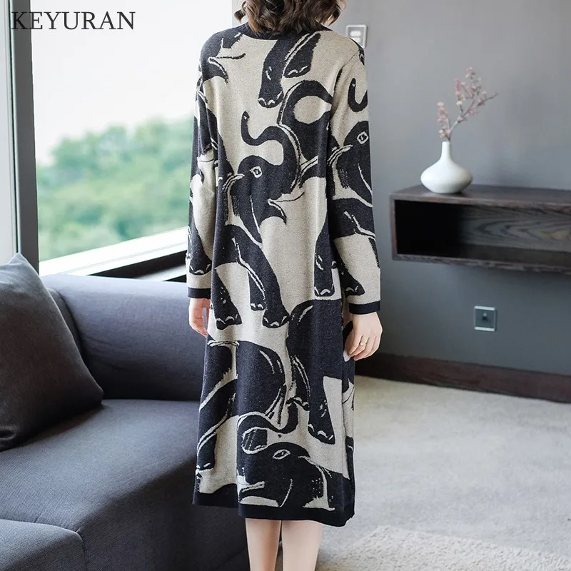 Осенне зимнее женское жаккардовое платье свитер с высоким воротником женский
