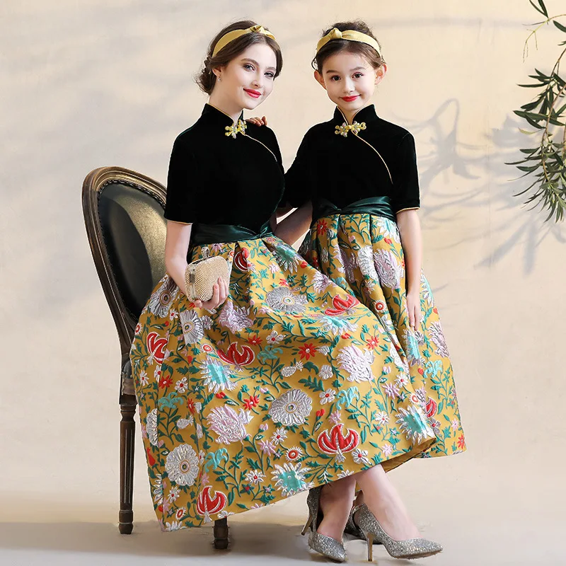 

Family Matching Clothes Parent Child Spring Retro Tuxedo Evening Dress Cheongsam Chinese British Style Performance Dresses