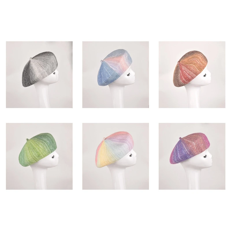 

Women's Fashion Gradient Hats Colorful Beret Female Retro Wool Knitted Warm Hat Autumn Winter Cap Accessories For Women
