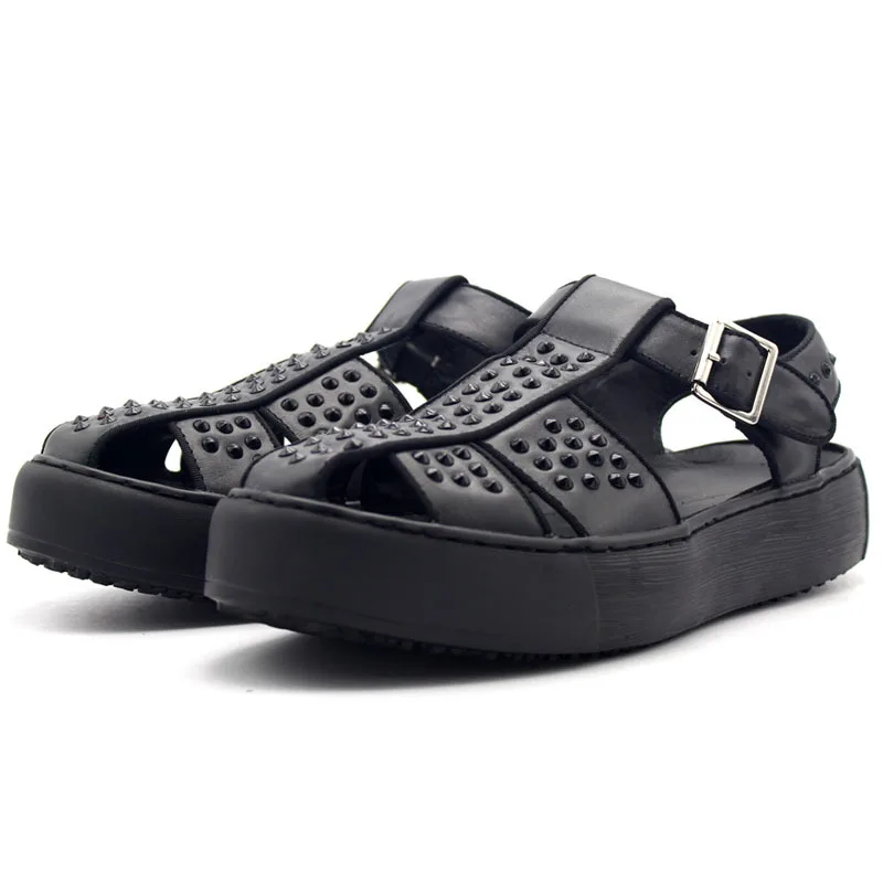 

2020 Luxury Handmade Mens Rivets Thick Platform Shoes Ankle Buckle Genuine Leather Classic Black White Male Casual Beach Sandals