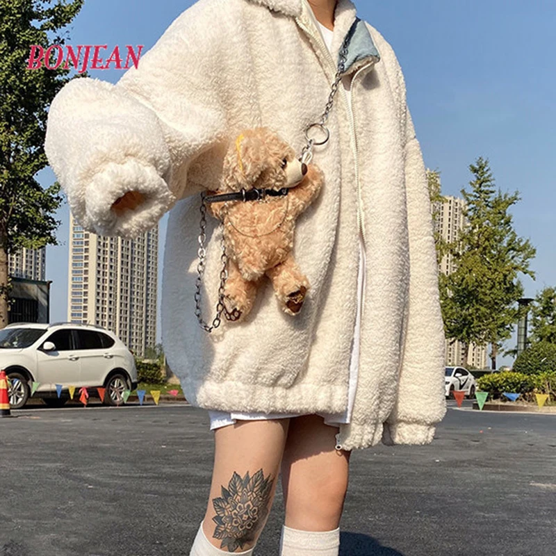 

Autumn Winter Jacket Female Coat 2020 with Bear New Korean Plus Size Teddy Fur Women Coat Female Casual Jackets Woman Pusheen