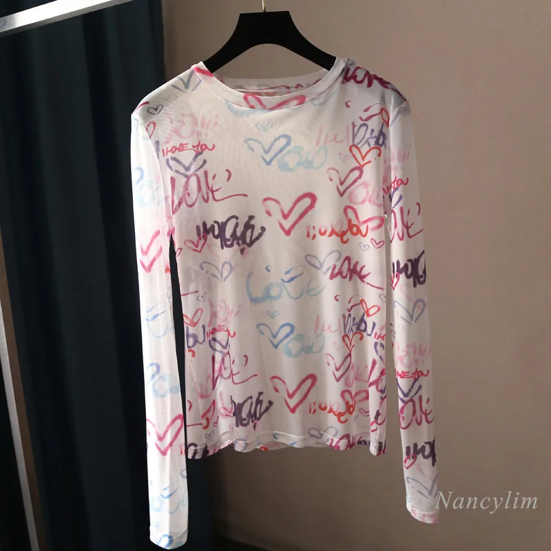 

Love Pattern Printed Mesh T Shirt Women Slim Fit Round Neck Stretch Long Sleeve Gauzy Sun Protection Clothing Bottoming Top