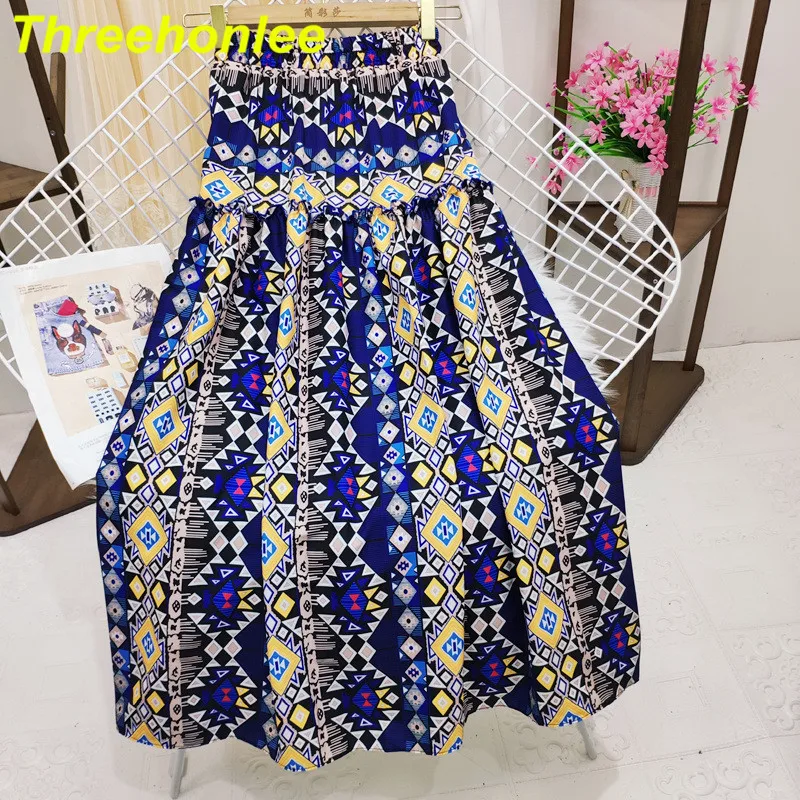 

Bohemian Stream Flower Print Long Skirt Stitching Ruched Ruffle Hem Holiday Women Lacing up Stream Waist Swing Skirts Beach