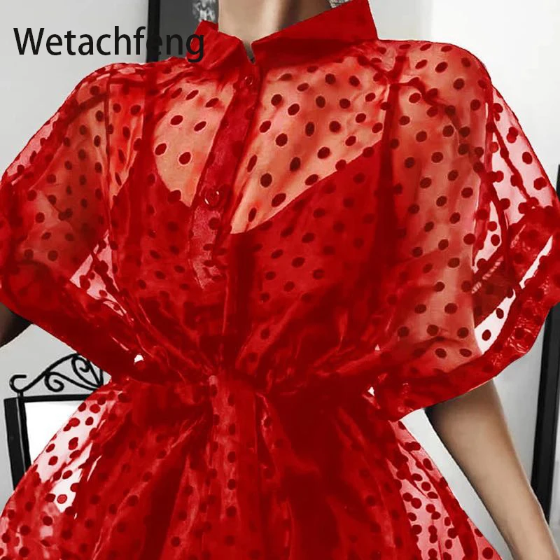 Модная рубашка 2020 красное черное платье в горошек с поясом Сетчатое Прозрачное